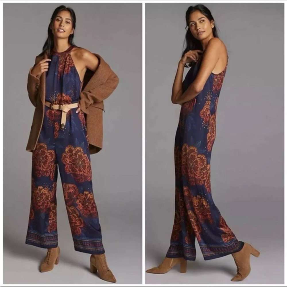 Farm Rio for Anthropologie Sleeveless Floral Halter Jumpsuit M Gorgeous